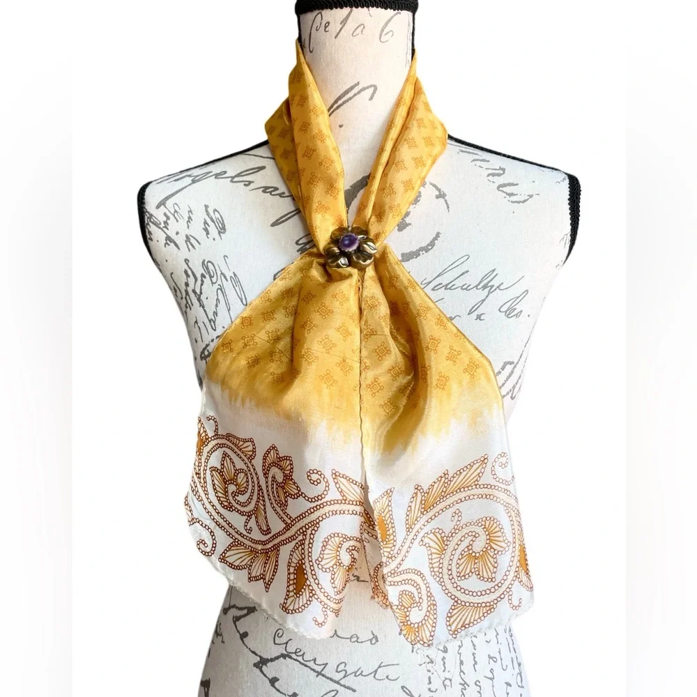 Vintage Yellow Patterned Silk Scarf Organic Scroll